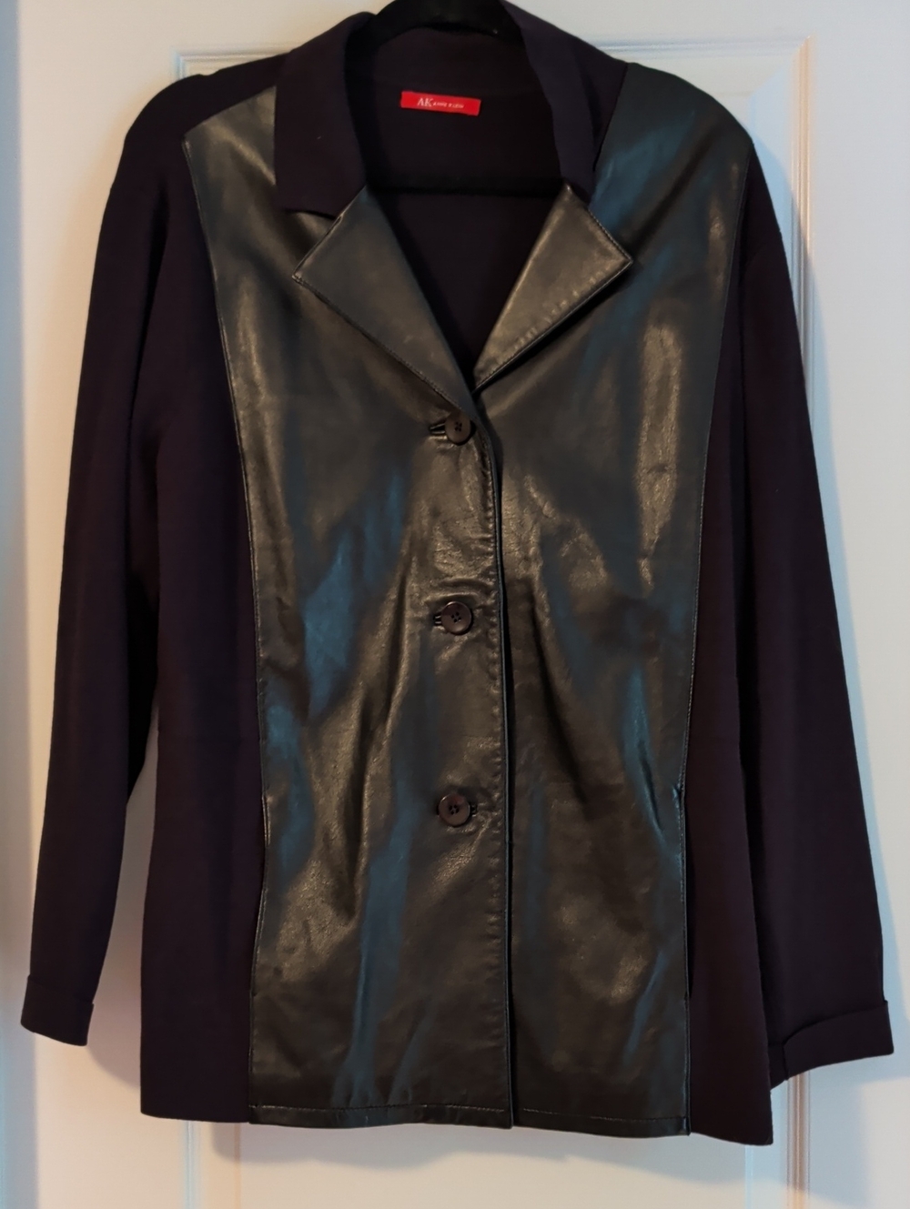 AK Anne Klein Black Leather & Knit Collared Jacket button front Size L